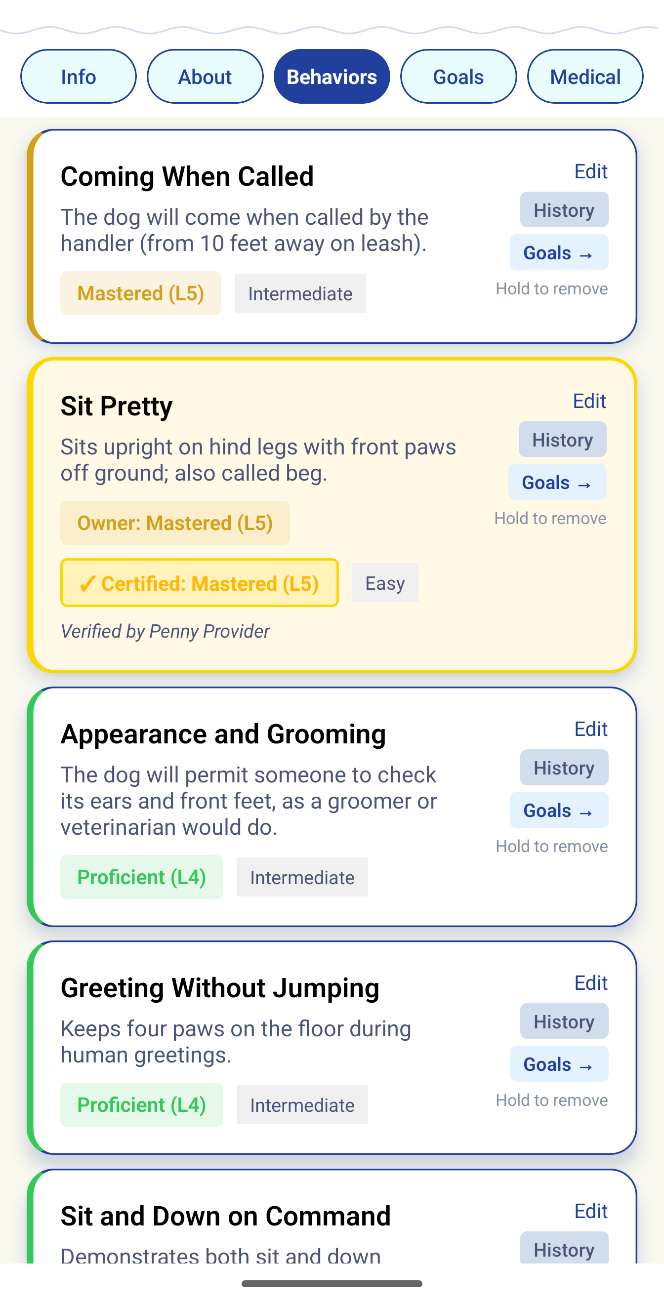 Trovvy behavior list showing owner progress and trainer-certified mastered skills